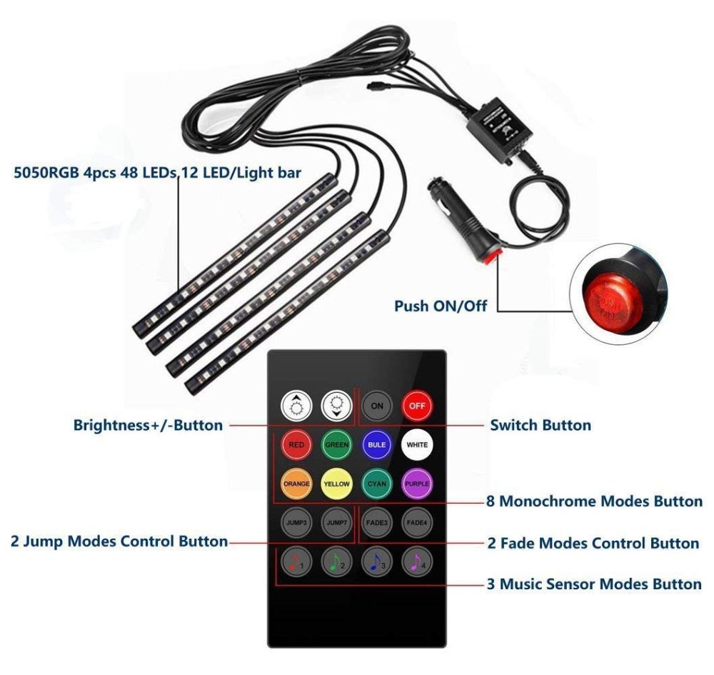 48 LED DC 12V Multicolor Music Car Strip Atmosphere Lamp Light for Car Interior Under Dash Lighting Kit with Sound Active Function and Wireless Remote Control - Image 2